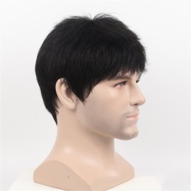 Remeehi Manly Short Fluffy Straight Full Bang None Lace Machine Made Real Human Hair Wig For Men Nature Black