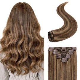 S-noilite Hair Extensions Clip in Human Hair 14 Inch Balayage Clip in Hair Extensions Medium Brown to Dark Blonde Real Human Hair 8PCS 120G Clip in Extensions Double Weft 4P27