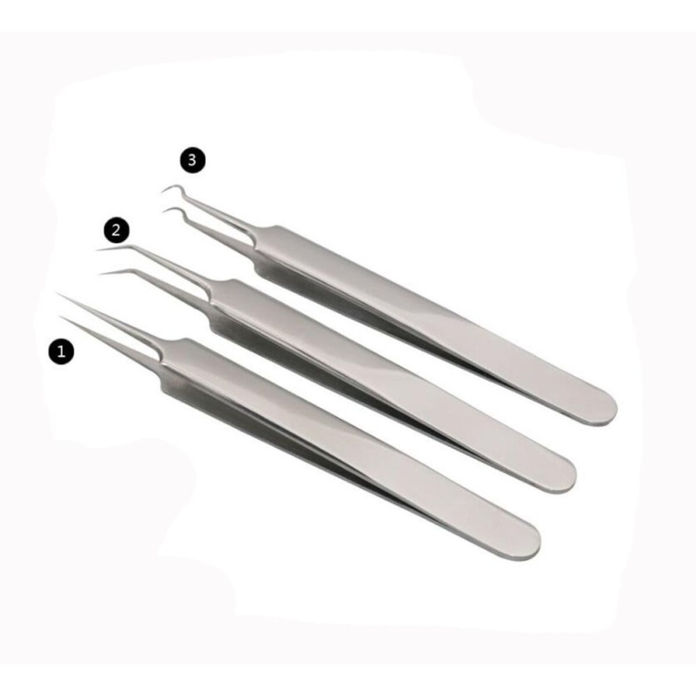 1Set(3PCS) Silver Professional Remove Blackheads Tweezers Set - Stainless Steel Straight/Slanted & Pointed Splinter/Bend Curved Blemish Extractor Tool for Acne Zit Cystic Blemish Whitehead Popping