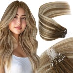 Sunny Hair Micro Bead Hair Extensions Real Human Hair Balayage Brown Microlink Soft Micro Ring Hair Extensions Human Hair Medium Brown with Blonde Beaded Durable 50G 16inch