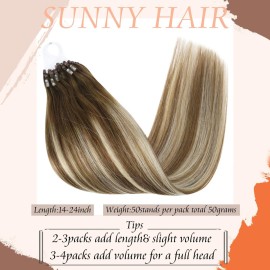 Sunny Hair Micro Bead Hair Extensions Real Human Hair Balayage Brown Microlink Soft Micro Ring Hair Extensions Human Hair Medium Brown with Blonde Beaded Durable 50G 16inch