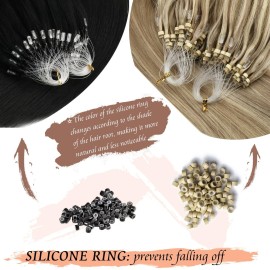 Sunny Hair Micro Bead Hair Extensions Real Human Hair Balayage Brown Microlink Soft Micro Ring Hair Extensions Human Hair Medium Brown with Blonde Beaded Durable 50G 16inch