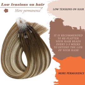 Sunny Hair Micro Bead Hair Extensions Real Human Hair Balayage Brown Microlink Soft Micro Ring Hair Extensions Human Hair Medium Brown with Blonde Beaded Durable 50G 16inch