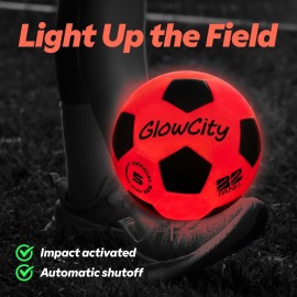 GlowCity Glow in The Dark Soccer Ball | Light Up Indoor/Outdoor Soccer Ball with 2 LED Lights | Pre-Installed Batteries | Fun Gift for Teens