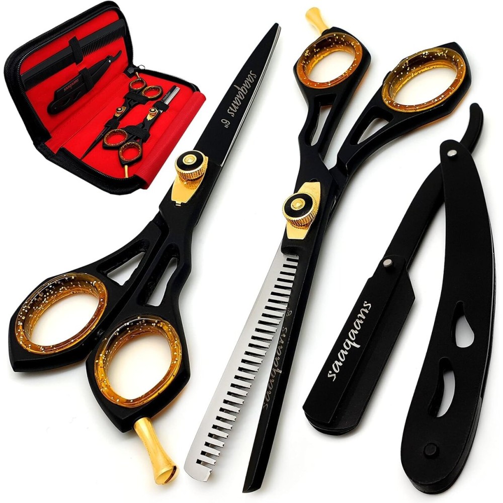 Saaqaans Professional Barber Shears Kit Tools - Hair Cutting Scissors Set for Hairdresser/Hair Salon + Thinning/Texture Hairdressing Haircut Shear for Beautician + Straight Razor + 10 Blades with Case Saaqaans Professional Barber Shears Kit Tools - Hair Cutting Scissors Set for Hairdresser/Hair Salon + Thinning/Texture Hairdressing Haircut Shear for Beautician + Straight Razor + 10 Blades with Case