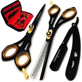 Saaqaans Professional Barber Shears Kit Tools - Hair Cutting Scissors Set for Hairdresser/Hair Salon + Thinning/Texture Hairdressing Haircut Shear for Beautician + Straight Razor + 10 Blades with Case
