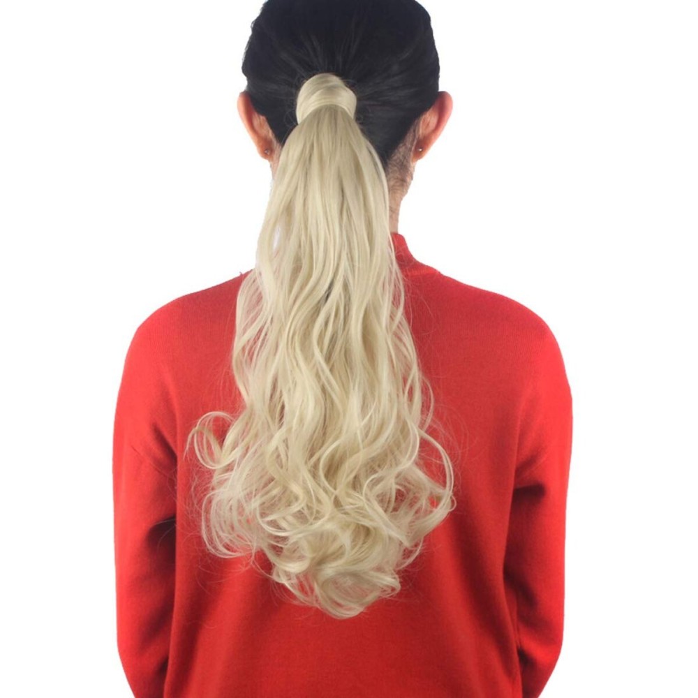 Lelinta 18 Wavy Curly Wrap Around Ponytail Extension for Woman Synthetic Hair Extension Bleach Blonde