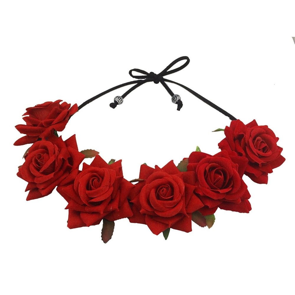 Floral Fall Rose Red Rose Flower Crown Woodland Hair Wreath Festival Headband F-67 (3-Red)