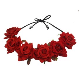 Floral Fall Rose Red Rose Flower Crown Woodland Hair Wreath Festival Headband F-67 (3-Red)