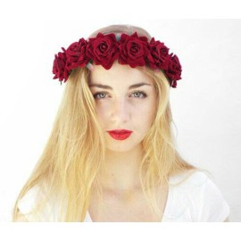 Floral Fall Rose Red Rose Flower Crown Woodland Hair Wreath Festival Headband F-67 (3-Red)
