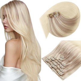 Sunny Hair Clip in Hair Extensions Straight Human Hair Clip in Extensions Remy Clip in Hair Extensions Real Human Hair Extensions Clip ins Strawberry Blonde Mix Light Blonde Roots 14inch