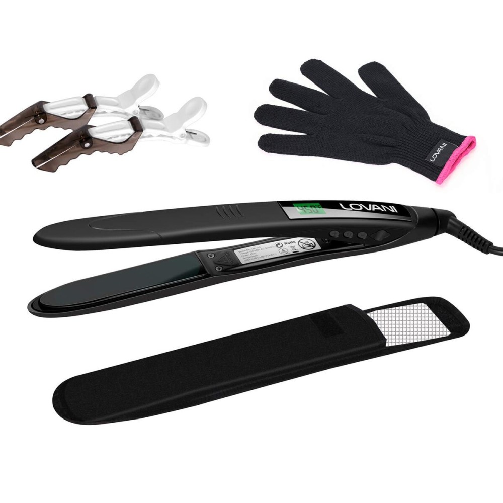 LOVANI Titanium Flat Iron, 450F High Heat Hair Straightener with Digital LCD, Dual Voltage, Auto Shut Off, Heat Resistant Bag, Glove and 2 Hair Clips (7 Piece Set), Black LOVANI Titanium Flat Iron, 450F High Heat Hair Straightener with Digital LCD, Dual Voltage, Auto Shut Off, Heat Resistant Bag, Glove and 2 Hair Clips (7 Piece Set), Black