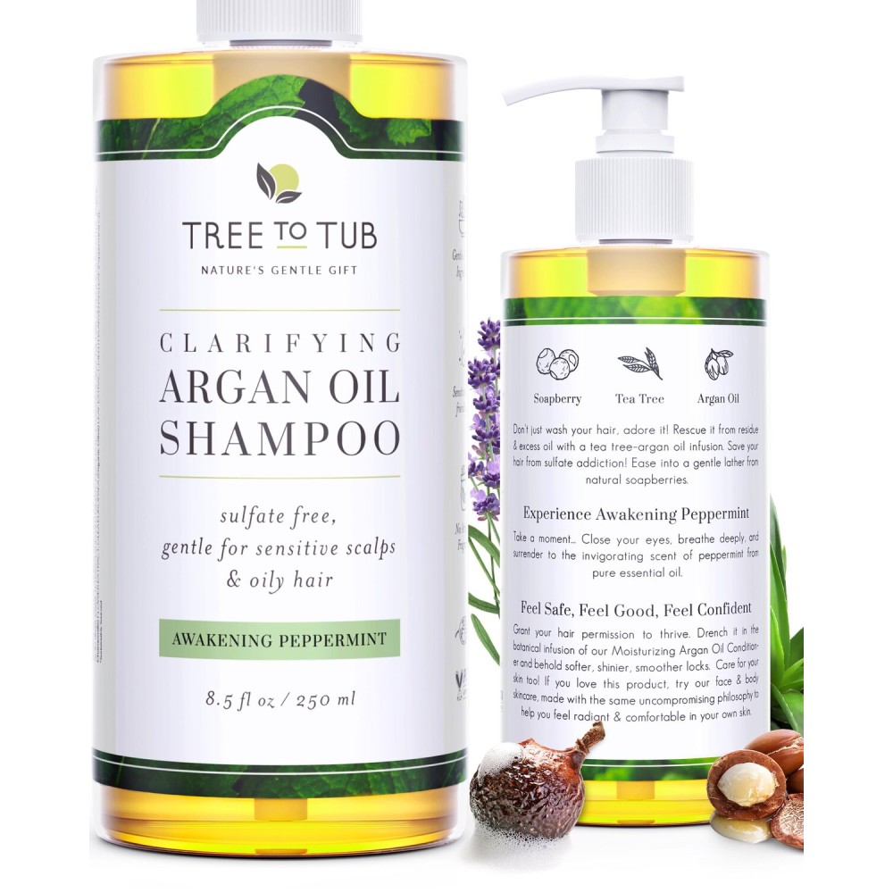 Tree to Tub Peppermint Shampoo for Oily Hair & Sensitive Scalp - Gentle Clarifying Shampoo for Build Up, Sulfate Free Anti Residue Hair Shampoo for Women & Men w/Organic Argan Oil, Natural Aloe Vera