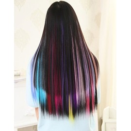 SWACC 22 Pcs Colored Party Highlights Clip on in Hair Extensions Multi-Colors Hair Streak Synthetic Hairpieces (11 Colors 22 Pcs in Set -Straight)