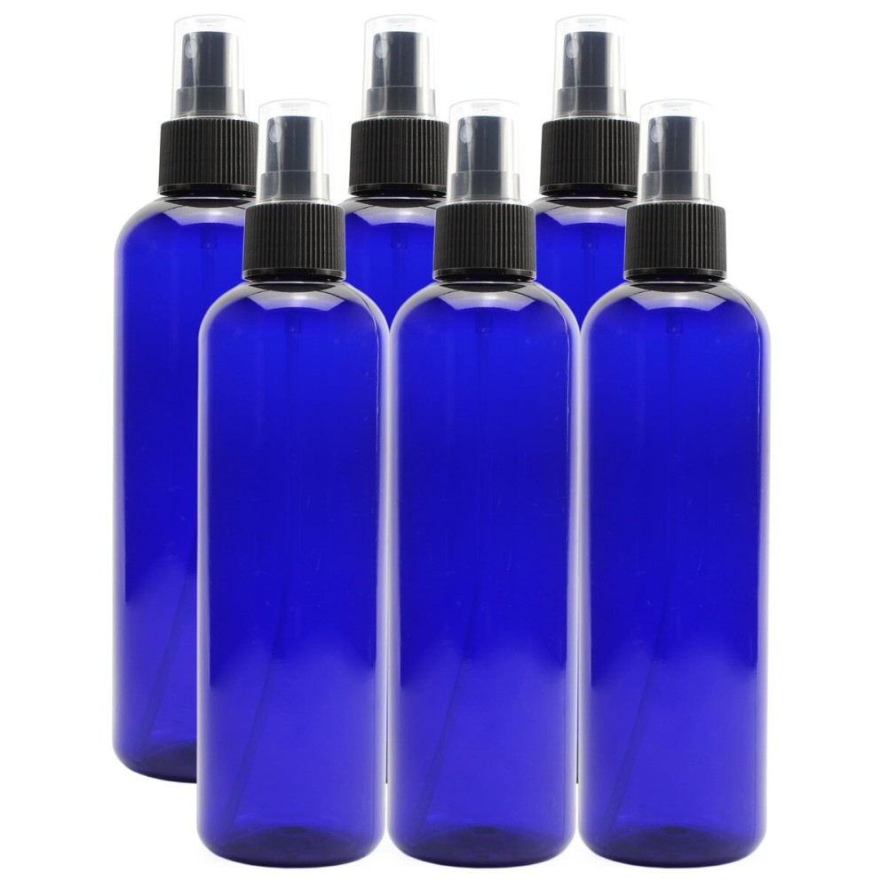 Cornucopia Brands 8oz Cobalt Blue Plastic PET Spray Bottles w/Fine Mist Atomizers (6-pack); for DIY Home Cleaning, Aromatherapy, & Beauty Care