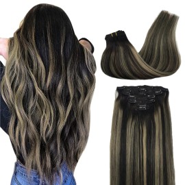 GOO GOO Clip in Hair Extensions Real Human Hair, Remy Human Hair Extensions Clip ins for Women, Natural Human Hair, 24inch 120g 7Pcs, 1B/16/1B Balayage Natural Black to Light Blonde