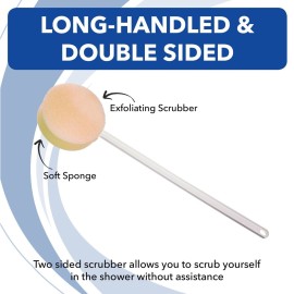 Sammons Preston Long Scrub Sponges, 22.5 Long Handled Washer & Scrubber Tool with Polyfoam Round Sponge & Loofah On One Side, Bath & Shower Cleaning Aid, Extended Reacher for Limited Range of Motion