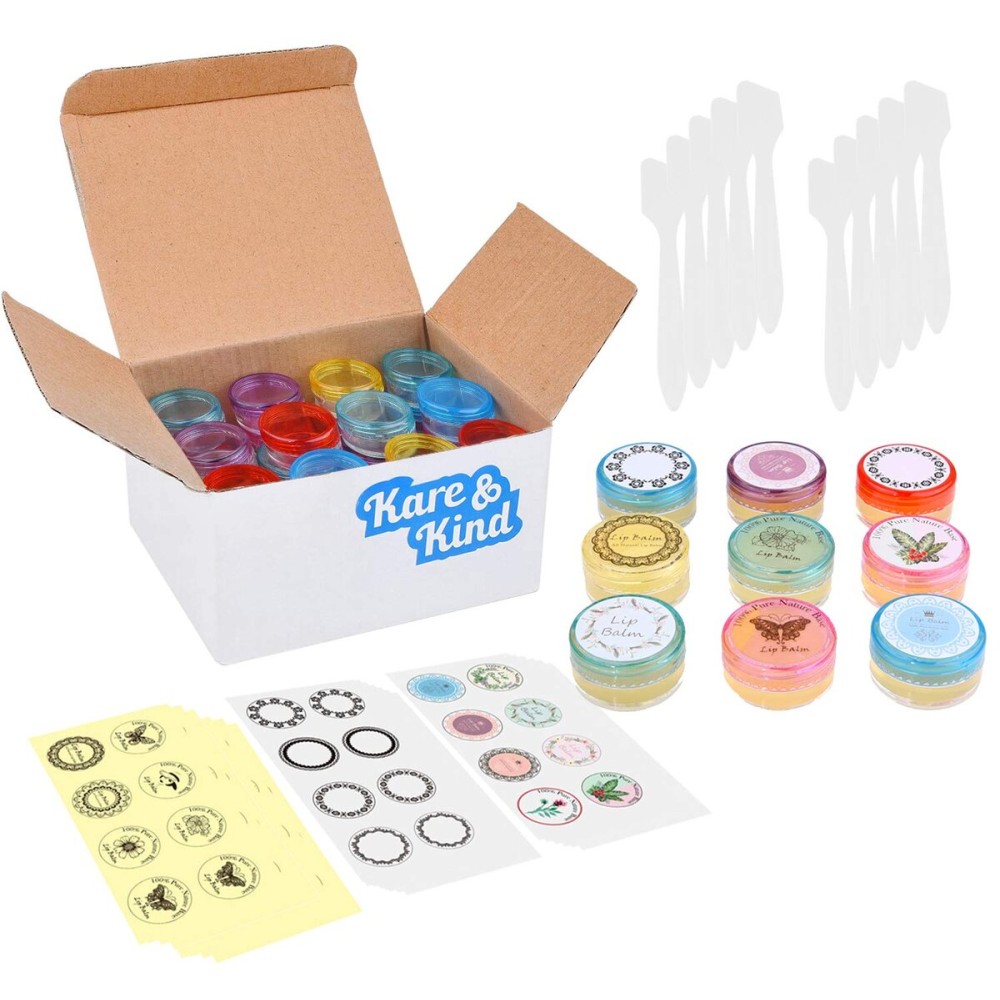Kare & Kind Lip Balm Container Jars - for Cosmetics - 48-Pack - 6 Colors - DIY - Transparent - 5 Gram (5 ml/0.17 Oz) - Including 48 Writeable & 48 Printed Lip Balm Stickers - Screw Cap Lids - Empty