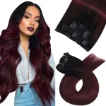 Moresoo Human Hair Clip Extensions Balayage Black to Burgundy Real Hair Ombre Black to Wine Red Double Weft Clip in Human Hair Extensions 7Pcs/120G 24inch