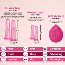 Glam Facial Face Cupping Set - Cupping Therapy Sets Massage Kit with Silicone Cleansing Brush for Instantly Ageless Skin, Works for Fine Lines & Wrinkles, Improves Collagen (Glam - Pink)
