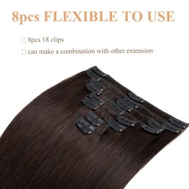 MY-LADY Clip In Hair Extensions 100% Real Human Remy Hair Soft Natural Extension Full Head 8pcs 8 Inch 2 dark brown 65g Short