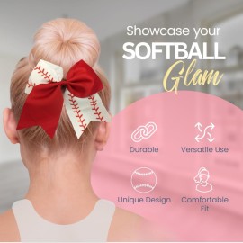 Sportybella - Baseball Stitch Hair Accessories for Girls - Red and White Softball Print Hair Bows, Ponytail Holders Gift Set - 6.5 Sportybella - Baseball Stitch Hair Accessories for Girls - Red and White Softball Print Hair Bows, Ponytail Holders Gift Set - 6.5