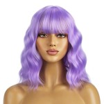 BERON 14 Inches Purple Wig for Women Short Curly Wigs Lavender Purple Wig with Bangs for Cosplay Halloween Party Hairnet Include