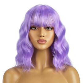 BERON 14 Inches Purple Wig for Women Short Curly Wigs Lavender Purple Wig with Bangs for Cosplay Halloween Party Hairnet Include