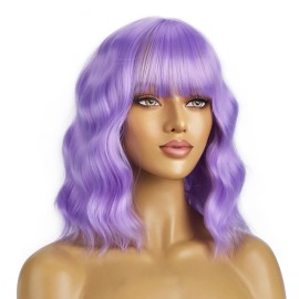 BERON 14 Inches Purple Wig for Women Short Curly Wigs Lavender Purple Wig with Bangs for Cosplay Halloween Party Hairnet Include