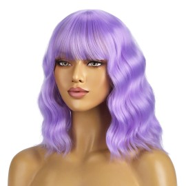 BERON 14 Inches Purple Wig for Women Short Curly Wigs Lavender Purple Wig with Bangs for Cosplay Halloween Party Hairnet Include
