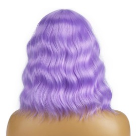 BERON 14 Inches Purple Wig for Women Short Curly Wigs Lavender Purple Wig with Bangs for Cosplay Halloween Party Hairnet Include