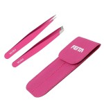 Precision Tweezers for Eyebrows - FEITA Professional Stainless Steel Slant & Pointed Eyebrow Tweezer Set with Travel Case for Woman Facial Hair Removal Clip (Pink - 2 Pcs)