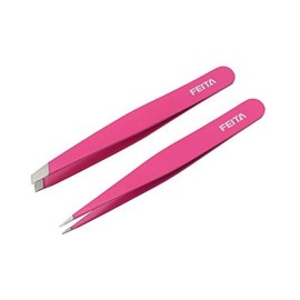 Precision Tweezers for Eyebrows - FEITA Professional Stainless Steel Slant & Pointed Eyebrow Tweezer Set with Travel Case for Woman Facial Hair Removal Clip (Pink - 2 Pcs)