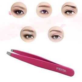 Precision Tweezers for Eyebrows - FEITA Professional Stainless Steel Slant & Pointed Eyebrow Tweezer Set with Travel Case for Woman Facial Hair Removal Clip (Pink - 2 Pcs)