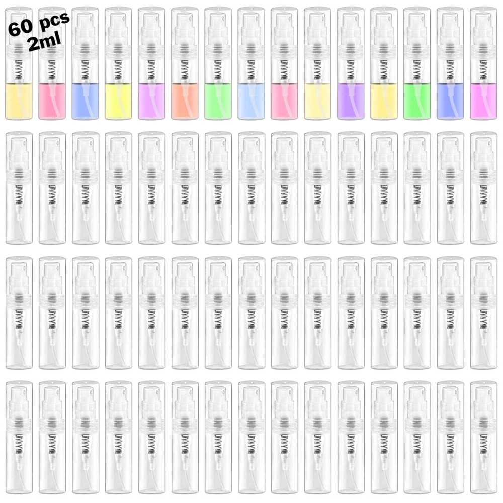Csdtylh Mini Spray Bottle, Clear Plastic Empty Sample Containers, Fine Mist Perfume Travel Refillable Spray Bottle Perfume Atomizer Small Portable Bottle for Cleaning, Travel, Essential Oils (60, 2ml)