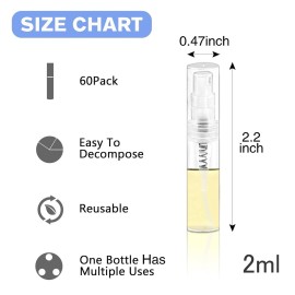 Csdtylh Mini Spray Bottle, Clear Plastic Empty Sample Containers, Fine Mist Perfume Travel Refillable Spray Bottle Perfume Atomizer Small Portable Bottle for Cleaning, Travel, Essential Oils (60, 2ml)
