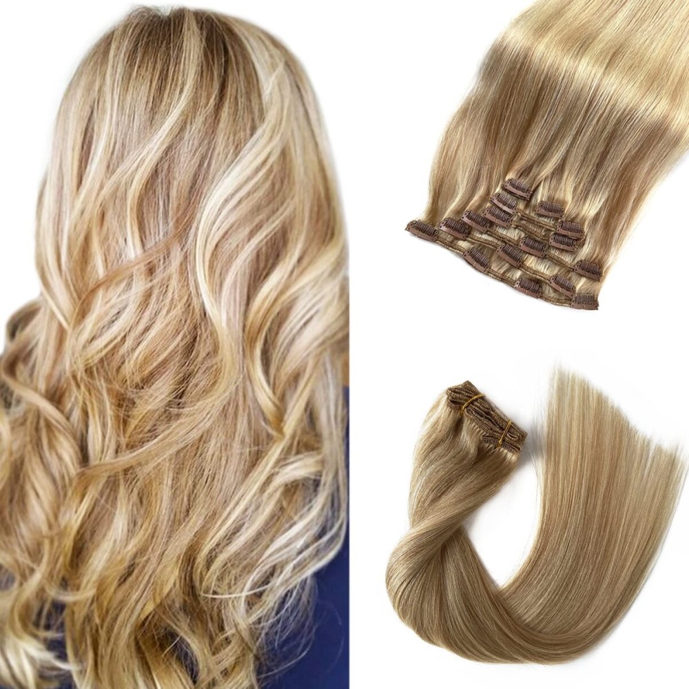 Clip in Hair Extensions, Blonde Highlights Real Human Hair Clip ins 15 Inch Silky Straight Double Weft Remy Hair Extensions Clip on 7 Pieces 70G 2 Sets Full Head for White Women Clip in Hair Extensions, Blonde Highlights Real Human Hair Clip ins 15 Inch Silky Straight Double Weft Remy Hair Extensions Clip on 7 Pieces 70G 2 Sets Full Head for White Women