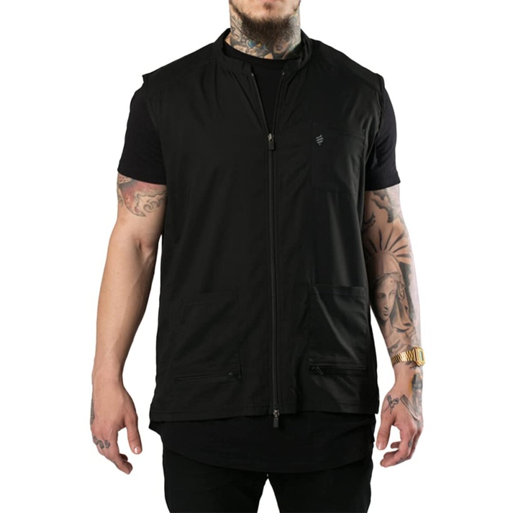 Barber Strong The Barber Vest, Men\'s Black, Hair Repellent, Ultra Lightweight and Breathable Mesh Side Panels, Sleeveless, Features 3 Pockets and 2-Way Zipper Closure - Size M, Great for Pet Grooming