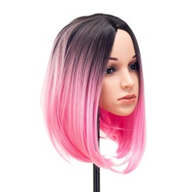 SWACC Ombre Colors Straight Short Hair Bob Wig Synthetic Colorful Cosplay Daily Party Flapper Wig for Women with Wig Cap (Pink)