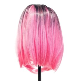SWACC Ombre Colors Straight Short Hair Bob Wig Synthetic Colorful Cosplay Daily Party Flapper Wig for Women with Wig Cap (Pink)