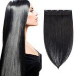 Benehair One Piece Clip in Human Hair Extensions - Dark Black, 16 Inch, 3/4 Full Head, Remy Long Straight Natural Soft Hair With 5 Clips