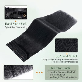 Benehair One Piece Clip in Human Hair Extensions - Dark Black, 16 Inch, 3/4 Full Head, Remy Long Straight Natural Soft Hair With 5 Clips