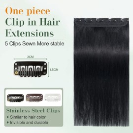 Benehair One Piece Clip in Human Hair Extensions - Dark Black, 16 Inch, 3/4 Full Head, Remy Long Straight Natural Soft Hair With 5 Clips