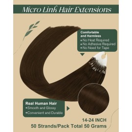 Ugeat Brown Micro Bead Hair Extensions Medium Length 18 Inch Chocolate Brown Microlink Human Hair Extensions Invisible Micro Loop Reusable Hidden to Add Length By Cold Fusion 50S 50G