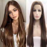 Xiweiy 6 Brown Silky Straight Lace Front Wigs Side Parting Half Hand Tied Natural Hairline Wig Heat Resistant Fiber Hair for Women 24inch