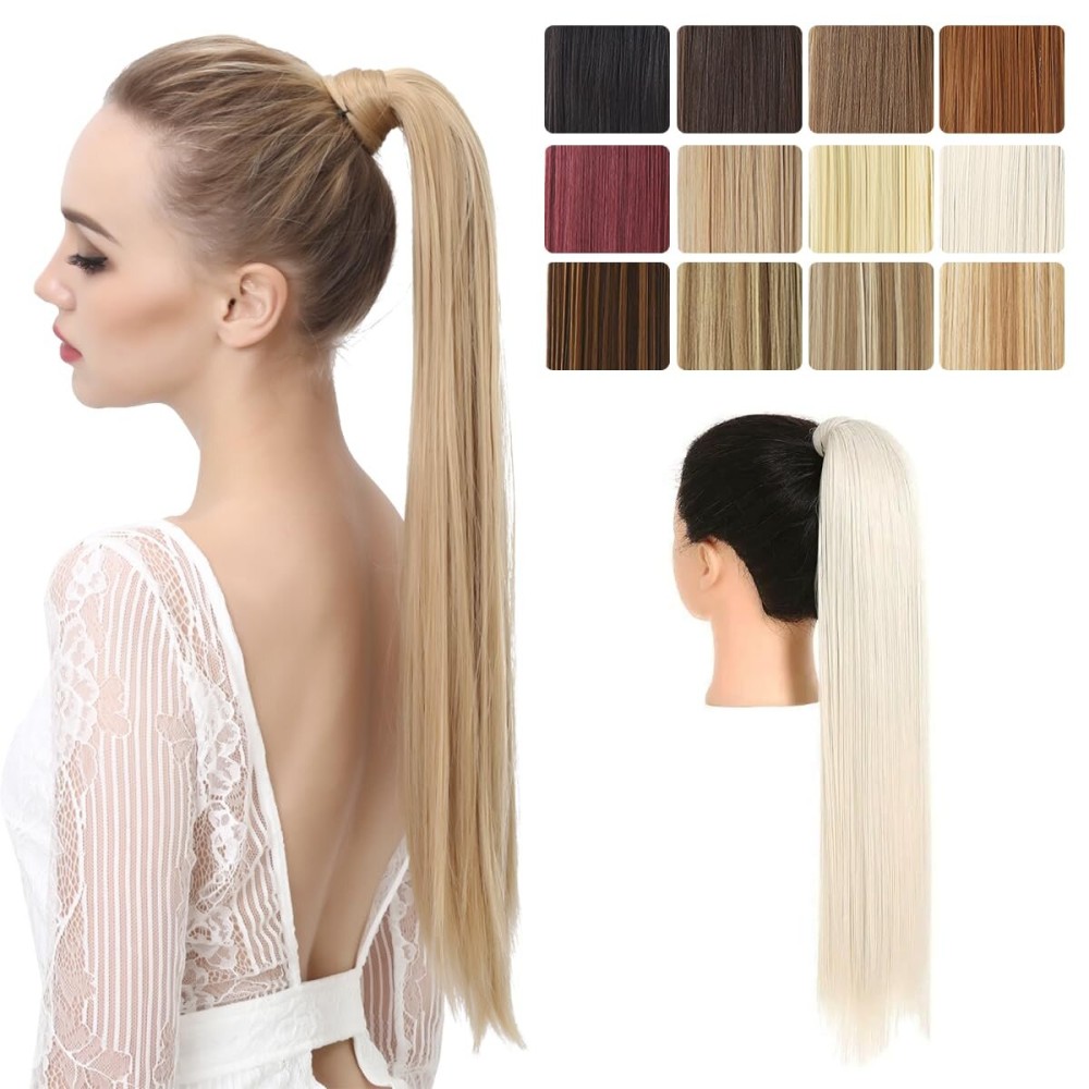 SARLA Ponytail Hair Extension Wrap Around Long Straight 24 Inch Synthetic Hairpiece for Women Platinum Blonde