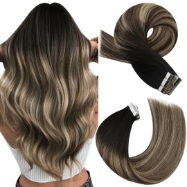 Moresoo Tape in Hair Extensions Human Hair Ombre Tape in Extensions Real Human Hair Balayage Off Black to Brown Mix with Blonde Tape in Hair Extensions Straight Human Hair 24 Inch 1B/3/27 20pcs 50g