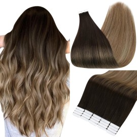 Full Shine Tape in Hair Extensions Human Hair 14 Inch Color 2/6/18 Brown Ombre Ash Blonde Remy Balayage Human Hair Tape Extensions 20PCS 50g Tape Ins Human Hair Extensions for Women
