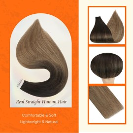 Full Shine Tape in Hair Extensions Human Hair 14 Inch Color 2/6/18 Brown Ombre Ash Blonde Remy Balayage Human Hair Tape Extensions 20PCS 50g Tape Ins Human Hair Extensions for Women