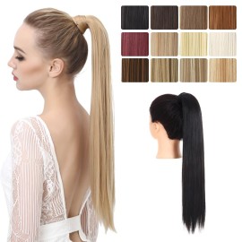 SARLA Ponytail Hair Extension Wrap Around Long Straight 24 Inch Synthetic Hairpiece for Women Jet Black